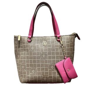 👛🍁 ANNE KLEIN Alex Varsity Tote Bag | Preppy Fall Convertible Tan + Pink, 12”x6”